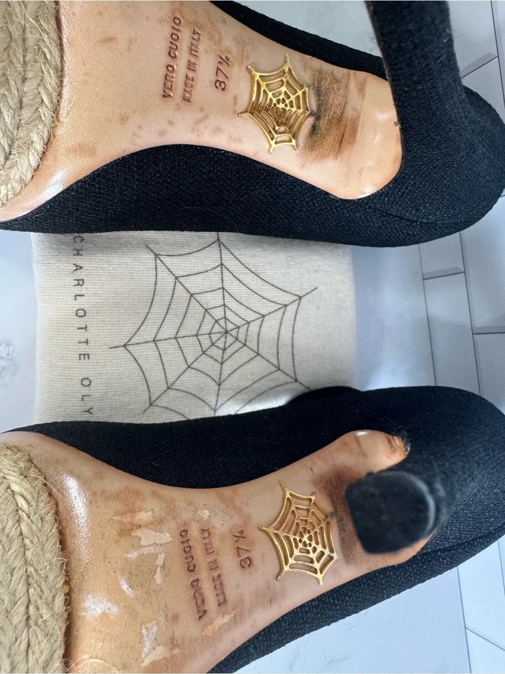 Charlotte Olympia Black Ankle-Strap Platforms Heels Pumps. Linen. Size 37.5